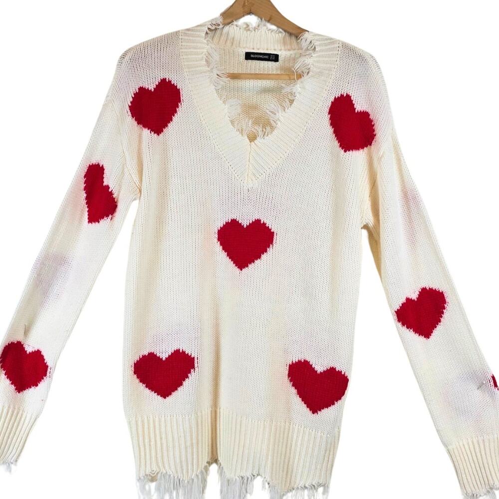 Bloom Chic Knit Sweater Red Heart Fringe Hems/cuff Size 14